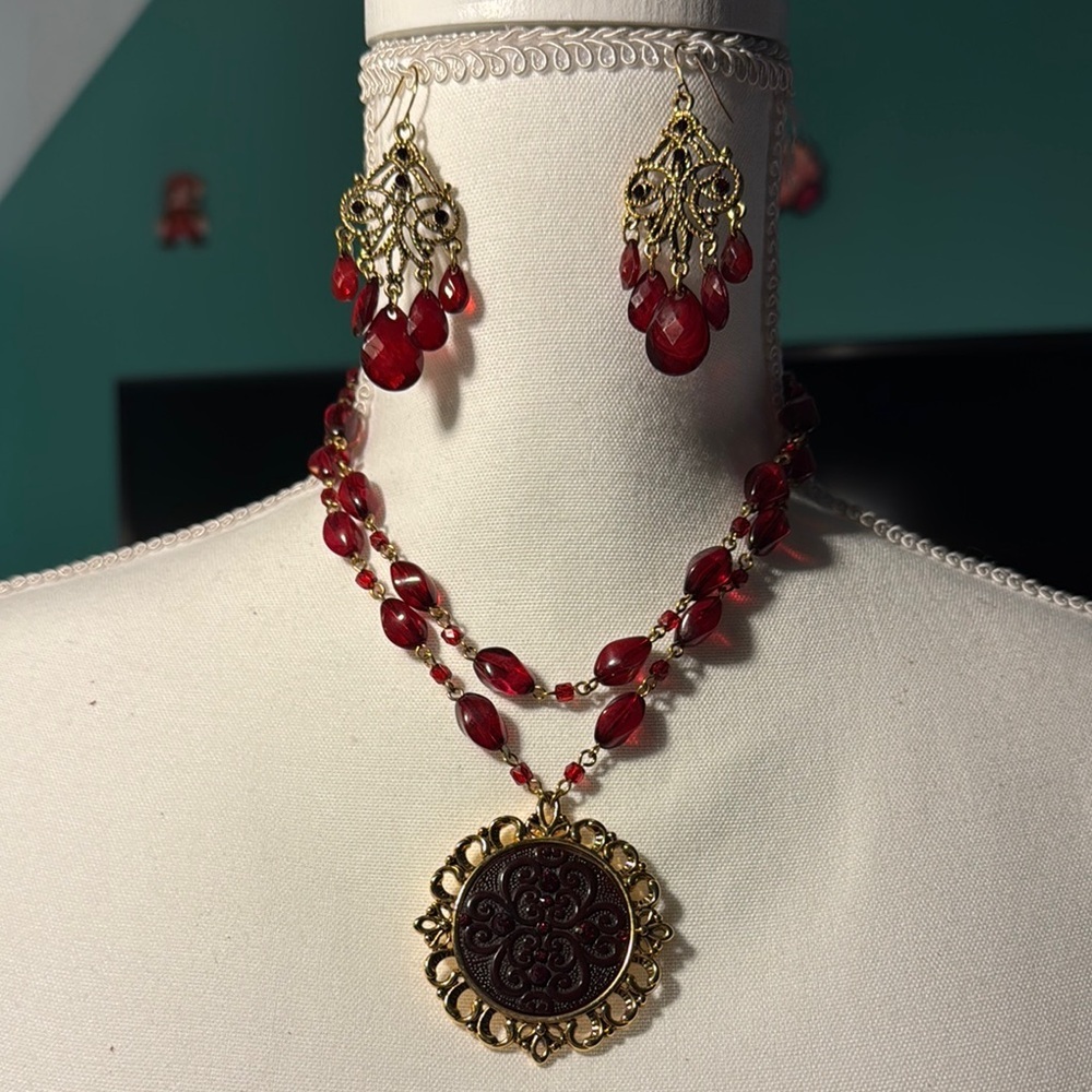 Victorian Red and Gold Necklace with Antique Medallion